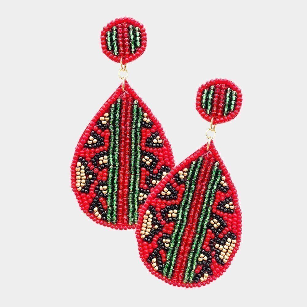 Leopard Pattern Red Color Block Seed Bead Earrings - Picture 1 of 5